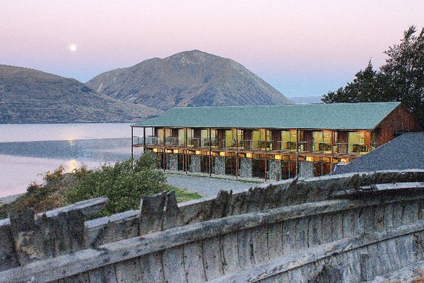 Lake Ohau Lodge with moon rising over Ben Ohau